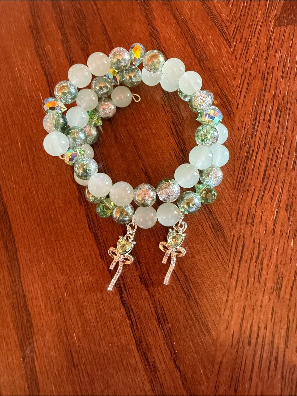 Seafoam Green Beaded Bracelet with Flower Charm - Women Jewelry
